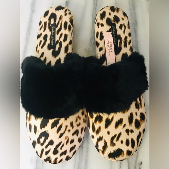 Victoria’s Secret Leopard Black Fur Trim Bedroom Slippers Slides Size L - Picture 3 of 7
